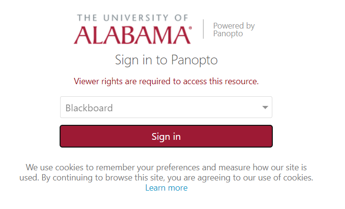 Dialog prompting UA users to sign into Panopto with their Blackboard credentials