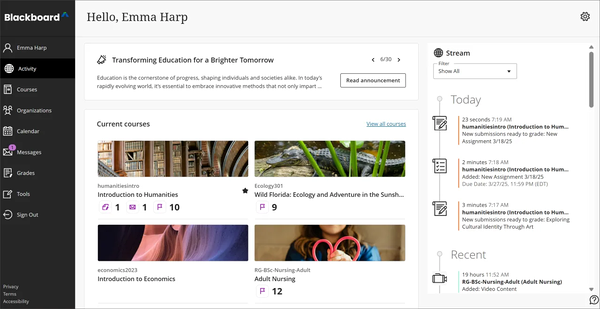 The new Activity page with sections for announcements, courses, and the activity stream